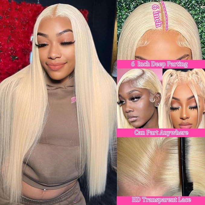 613 Blonde Lace Front Wig Human Hair Pre Plucked with Baby Hair 13x6 HD Transparen Lace Frontal Wig 180% Density Blonde Straight Glueless Wigs Human Hair Natural Hairline 22 Inch Blonde Wig