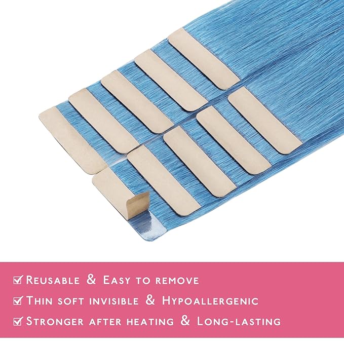 WENNALIFE Tape in Hair Extensions Human Hair Turquoise Tape in Extensions, 10pcs 25g 16 inch Remy Invisible Tape Ins Straight Colored Soft Real Human Hair Tape in Extensions Refill Set Extensions