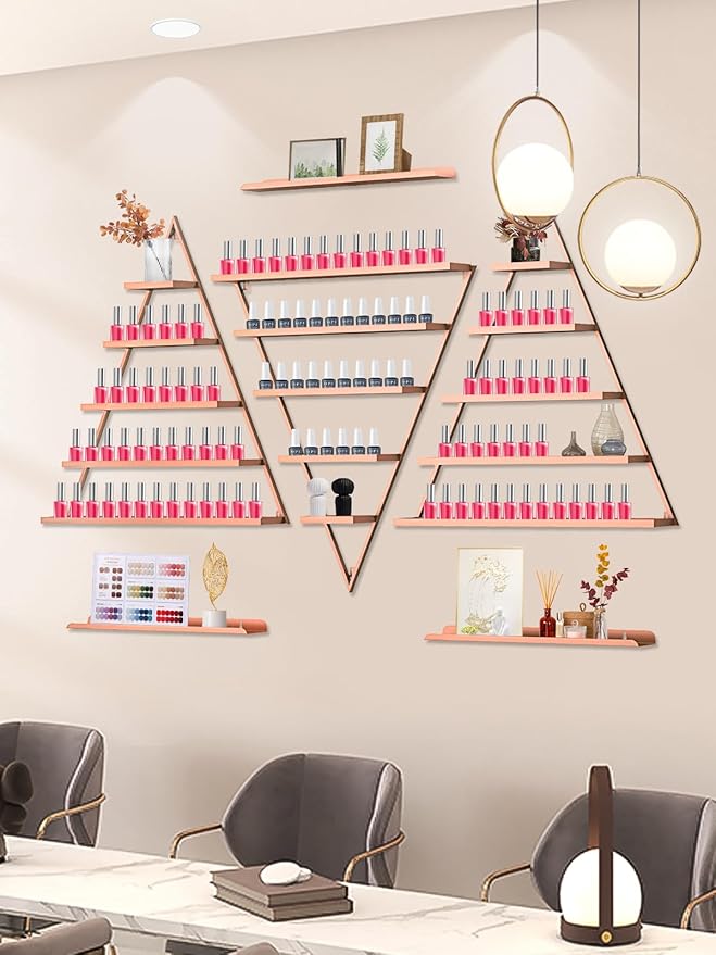 EBANKU Metal Wall-mounted Nail Polish Storage Racks 5 Tiers Triangular Display Rack Cosmetic Display Cases Lipstick Perfume Wall Shelf Essential Oil Organizers for Home Spa Nail Salon Shop (Rose Gold)