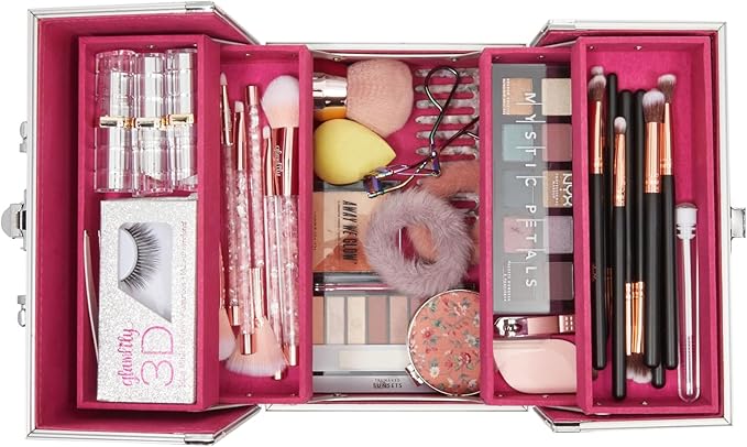 Pink Makeup Train Case with Lock and 2 Keys, 3-Tier Cosmetic Storage Box