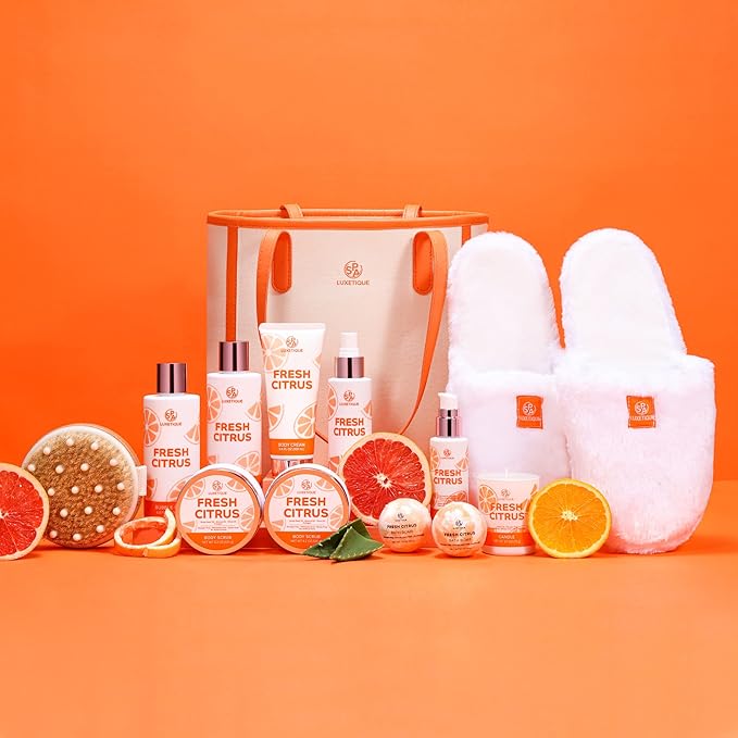 Gifts Baskets for Women Spa Luxetique 12 Pcs Bath Set Basket Luxury Self Care Kit Gift for Her Fresh Citrus Gift Set with Bubble Bath, Bath Bomb, Body Oil, Relaxing Spa Set, Birthday Gifts for Women