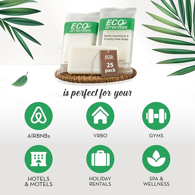 ECO amenities Bar Soap Bulk - 25 Pack, 1.0 oz Travel Size Soap Bars - Individually Wrapped For Hotels - Great for Vacation Rental and Airbnb Toiletries or Hygiene Kits Supplies