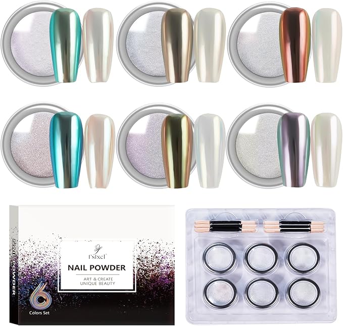 Chrome Nail Powder Pearl White Aurora Effect Metallic Mirror Moonlight Pigment Iridescent Glitter Kit for Gel Polish Nail Art Decoration, 6 Colors Set 0.5g/Jar