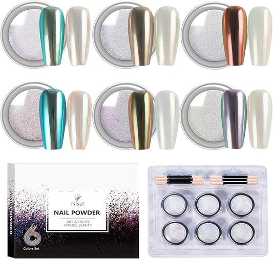 Chrome Nail Powder Pearl White Aurora Effect Metallic Mirror Moonlight Pigment Iridescent Glitter Kit for Gel Polish Nail Art Decoration, 6 Colors Set 0.5g/Jar