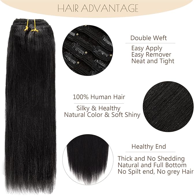 Loxxy Double Wefts Yaki Straight Clip in Hair Extensions 8A Grade Real Remy Human Hair Seamless Virgin 4C #1 Jet Black Fashion Hair For African Americans,10-22inch 120G/set 18 Inch