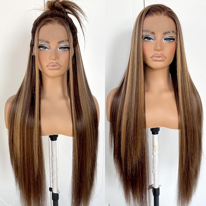 13x6 Honey Blonde Lace Front Wig Pre Plucked Glueless Highlight Straight Lace Front Wig 180 Density Color Long Straight Yaki Synthetic HD Lace Front Wig 32inch