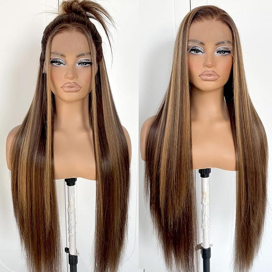 13x6 Honey Blonde Lace Front Wig Pre Plucked Glueless Highlight Straight Lace Front Wig 180 Density Color Long Straight Yaki Synthetic HD Lace Front Wig 32inch