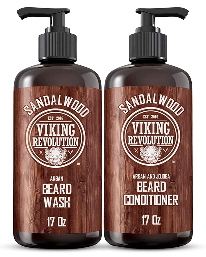 Viking Revolution Beard Wash & Beard Conditioner Set with Argan & Jojoba Oils - Softens and Strengthens - Natural Sandalwood Scent - Beard Shampoo with Beard Oil (17 oz)