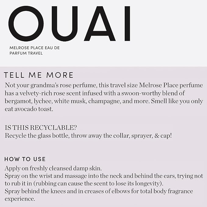 OUAI Melrose Place Eau de Parfum Travel Size - Elegant Womens Perfume for Everyday Wear - Fresh Floral Scent has Notes of Champagne, Bergamot & Rose with Delicate Hints of Cedarwood & Lychee (.34 Oz)