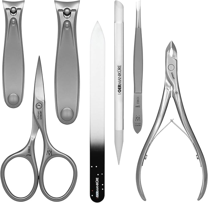GERMANIKURE 7pc Manicure Set in Black Leather Case - FINOX Stainless Steel Tools Made in Germany, Glass Nail Care Supplies Made in Czech Republic – Professional Cuticle and Nail Care Kit