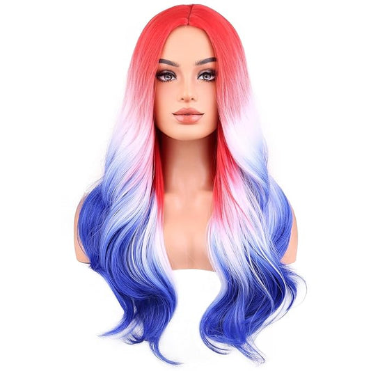 BERON 4th of July Long Wavy Wigs for Women Girls Red White and Blue Natural Curly Wig Flag Heat Resistant Synthetic Hair Wigs for Cosplay Party Costume