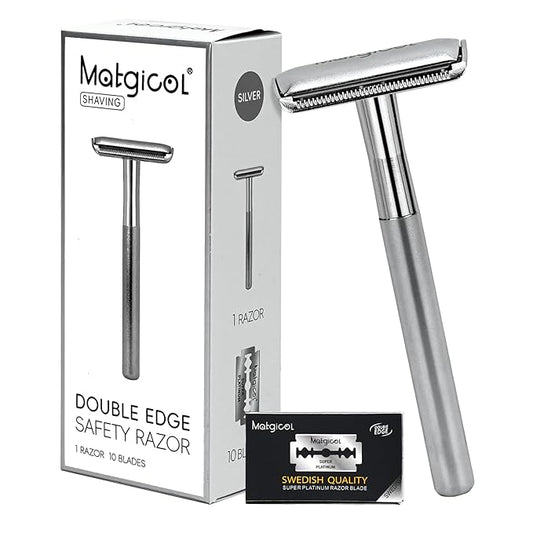 Premium Heavy-Weight Safety Razor for Men – Swedish Steel Blades, Solid Brass Long Handle Professional Close Shave, Built to Last a Lifetime (Silver)