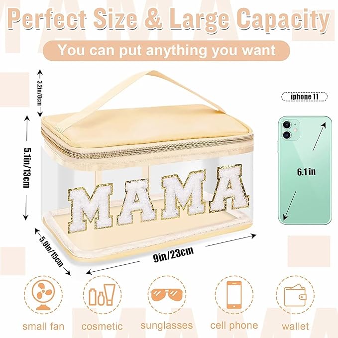 2 Pcs Chenille Letter Clear Makeup Bags Mama Baby Pouch, Preppy Patch Makeup Bag Mama Baby Hospital Duffle Bag Zipper with Handle, Travel Baby Toiletry Bag Nylon Cosmetic Handbag for Women(MAMA+BABY)