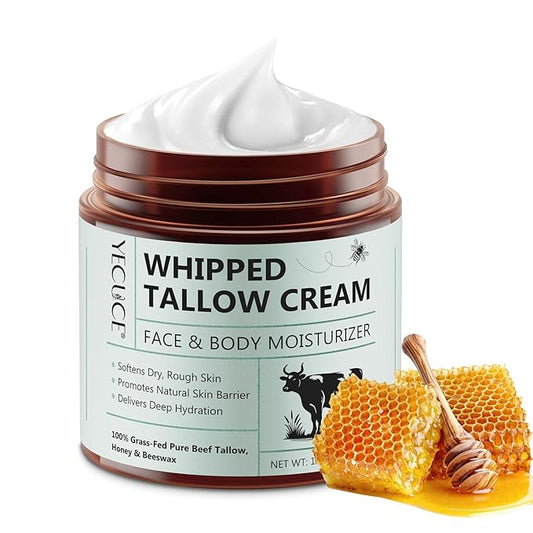 Whipped Beef Tallow for Skin, Organic Face Moisturizer with Grass Fed Beef Tallow & Raw Honey, Deeply Moisturizes Face & Body, Reduces Skin Irritation and Sensitivity, 4.2 Oz
