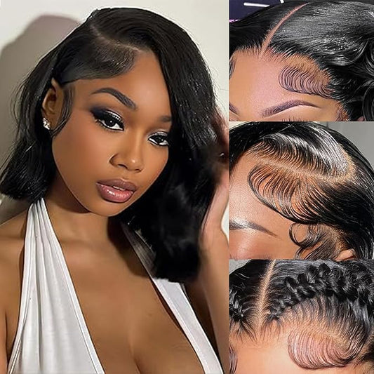 13x4 Bob Lace Front Wigs Human Hair Pre Plucked 200% Density Short Body Wave Bob Wig Human Hair 100% Brazilian Virgin Human Hair Bob Wigs for Black Women Natural Black 10 Inch
