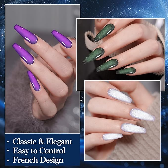 Adhere 6Pcs 12ML Cat Eye Soak Off UV LED Gel Nail Polish Set, Colorful Light Ultrafine Magnetic Powder Blue Purple White Green Silver Cat Eye with Magnet