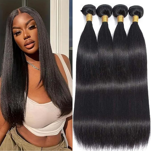 Human Hair Bundles Human Hair 16 16 18 18 Inch Human Hair Bundles 10A Grade 100% Unprocessed Virgin Straight Brazilian Hair Bundles 4 Bundles Human Hair Extensions for Black Women Natural Color