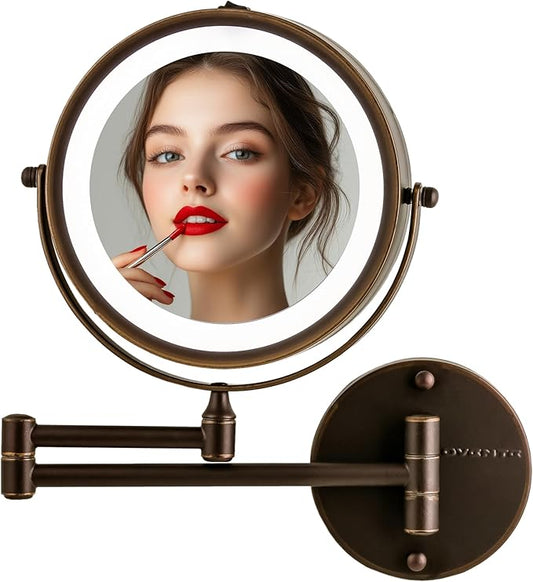 OVENTE 7" Lighted Wall Mount Makeup Mirror with 1X/10X Magnification, Cordless Double Sided Magnifying Round Vanity Mirror, 360° Swivel Design, Extendable and Folding Arm, Antique Bronze MFW70ABZ1X10X