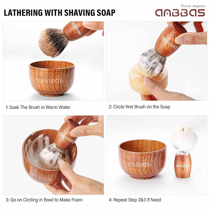 Anbbas Badger Hair Shaving Brush with Wood Handle,Large Soap Bowl,Stainless Steel Shaving Stand and 3.5 oz Natural Shaving Soap Puck Refill for Men