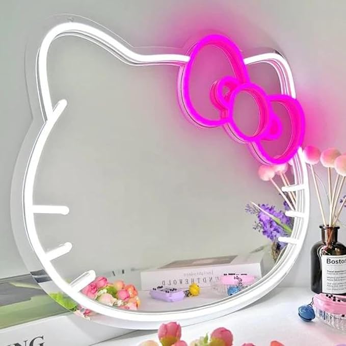 Anime Mirror 13.3 x 16.14 Inches Vanity Mirror with Lights Cat Design Bedroom Wall Mirror Girls Makeup Kitty Mirror with Lights Neon Sign Gift Mirror