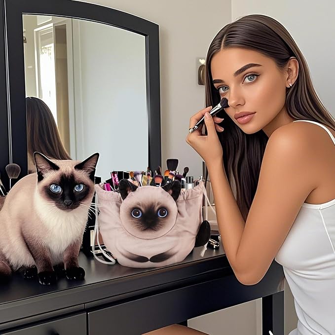 Drawstring Makeup Bag, Cat Makeup Bag, Travel Makeup Organizer, Cosmetic Pouch Bag, Cat Gift for Women, Lay Flat Makeup Bag Gifts for Cat Lovers