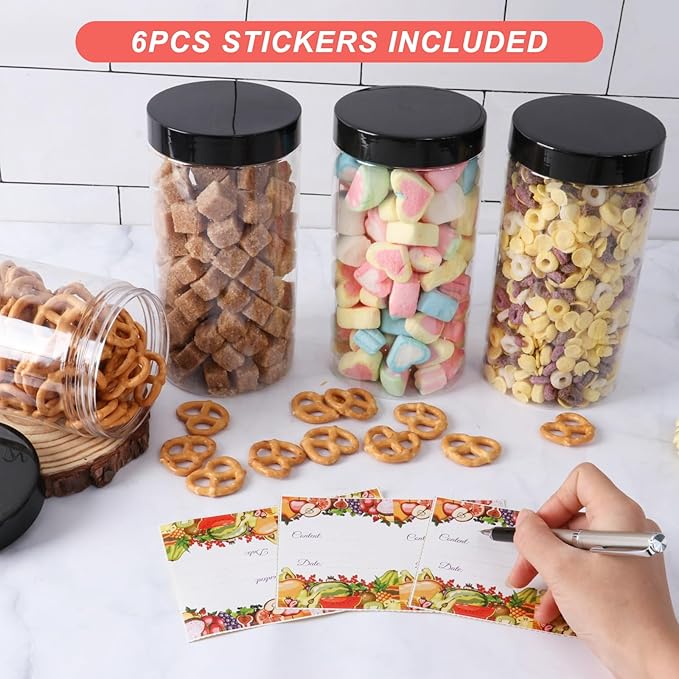 Plastic Jars with Lids 32 oz 6Pack,Empty Clear Plastic Jars with Lids for Storage, Round Leakproof Containers for Nuts,Cookies,Dried Fruit,Small Snacks(32fl.oz,set of 6)
