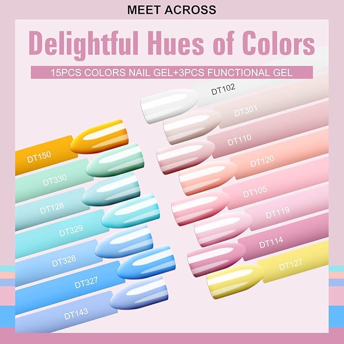 MEET ACROSS Pale Gel Nail Polish Set 18PCS Nude Gel Polish Kit 15 Colors Macaron Nail Polish Peach Pink Orange Blue Gel Polish Set Spring Summer Gifts for Women