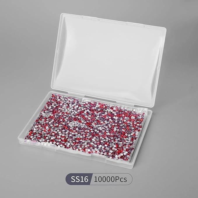 10000PCS Red Rhinestones Bulk, Flat Back Crystal Glass Stone Round Gems,SS16, 3.8-4.0mm