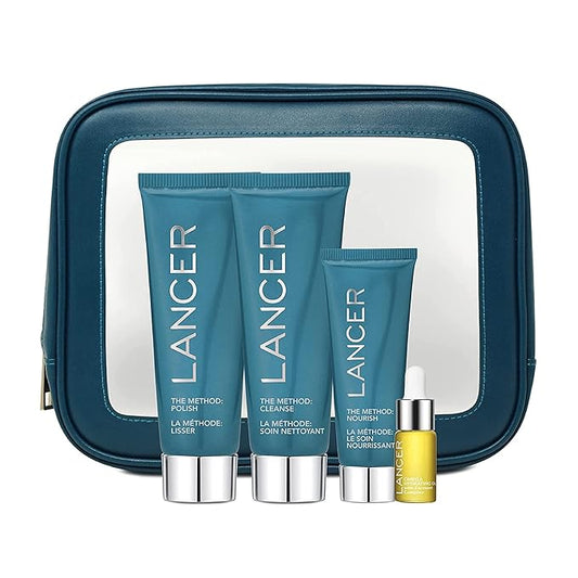 Lancer Skincare The Method Intro Kit, 3-Step Anti-Aging Facial Exfoliator, Cleanser, and Moisturizer Kit for Glowing Skin, Reveals Healthy-Looking Glowing Skin