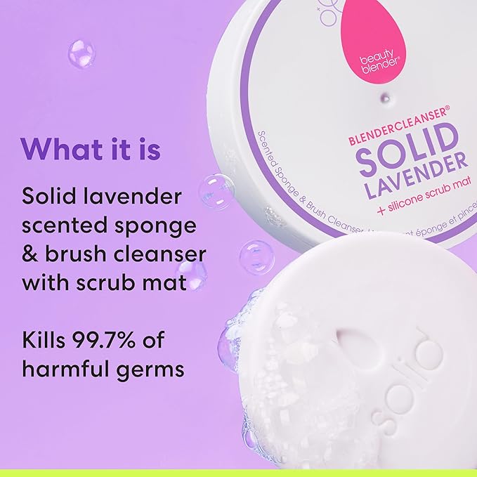 Beautyblender® | Blendercleanser® Solid Lavender Makeup Sponge & Brush Cleanser + Silicone Scrub Mat, Cleansing Tool & Scented Makeup Sponge Cleaner, Vegan, Cruelty Free, Made in the USA, 1 oz