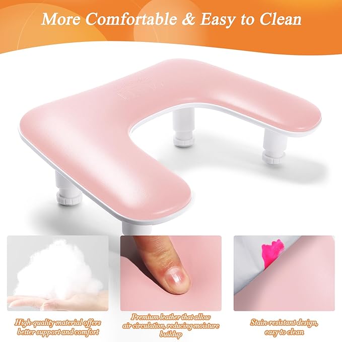 Arm Rest for Nails Tech, 3 Height Adjustatle Nail Arm Rest Stand, U Shaped Manicure Hand Rest, Soft PU Leather Fabric for Manicurists Nail Salon Supplies - Pink