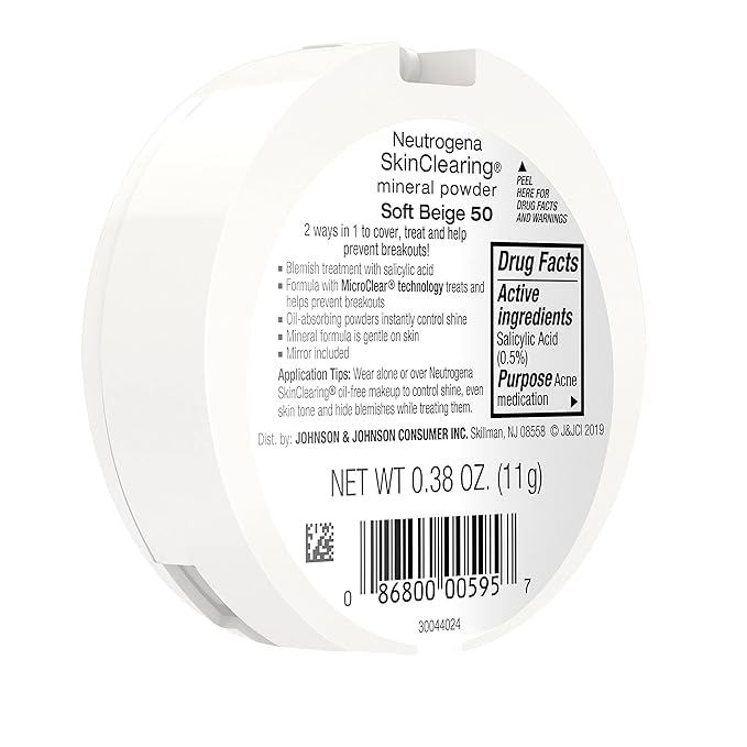 Neutrogena SkinClearing Mineral Acne-Concealing Pressed Powder Compact, Shine-Free & Oil-Absorbing Makeup with Salicylic Acid to Cover, Treat & Prevent Breakouts, Soft Beige 50,.38 oz