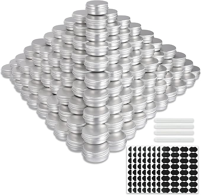 234 Pack Round Cans with Screw Lid 1/2 OZ Aluminum Metal Tins,for DIY homemade lotion bars, salves, and candles, Balms, Spices, Beard Balm, Crafts with 6 Markers 8 Sheets Label Stickers