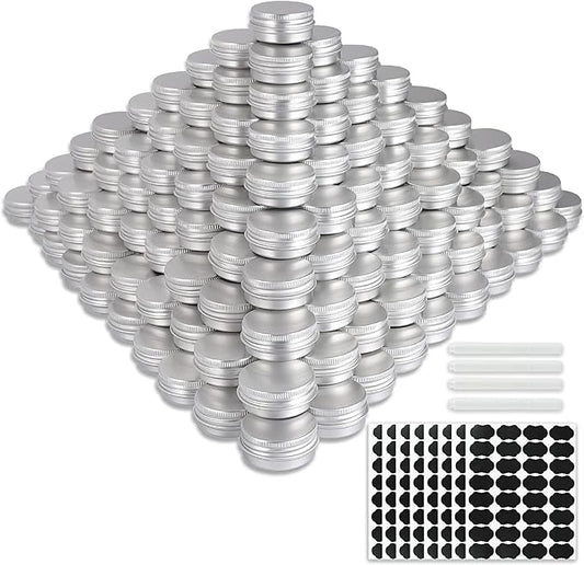 234 Pack Round Cans with Screw Lid 1/2 OZ Aluminum Metal Tins,for DIY homemade lotion bars, salves, and candles, Balms, Spices, Beard Balm, Crafts with 6 Markers 8 Sheets Label Stickers