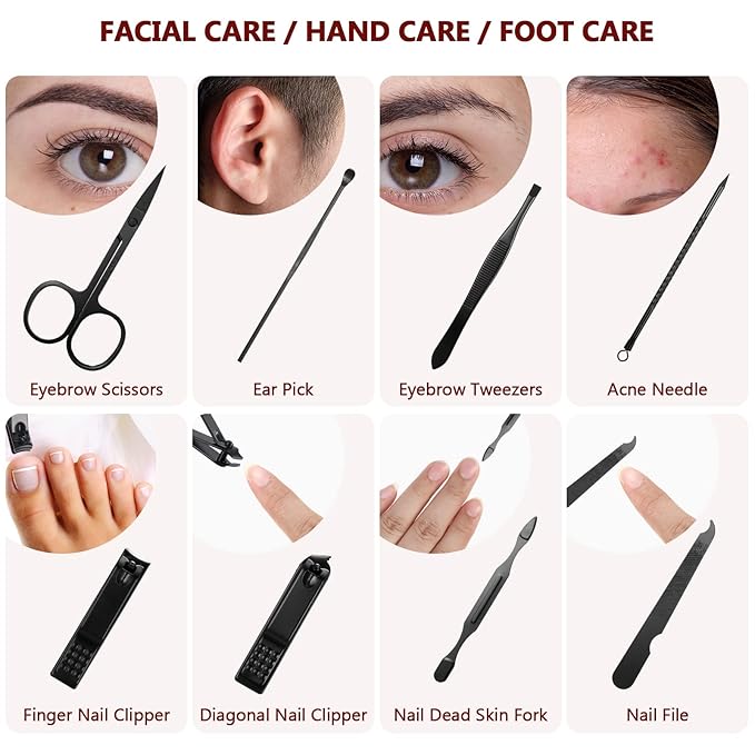 Geosar 12 Sets Manicure Set Nail Clippers Pedicure Kit 8 in 1 Stainless Steel Professional Grooming Kits Nail Care Tools with Travel Case for Men Women(Red Background)