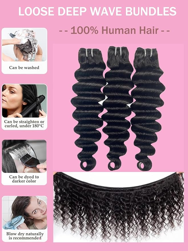 26 Inch Bundles Human Hair Brazilian Loose Deep Wave 3 Bundles 100% Unprocessed Virgin Hair Wet And Wavy Bundles Natural Color for Women（26 26 26 Inch）