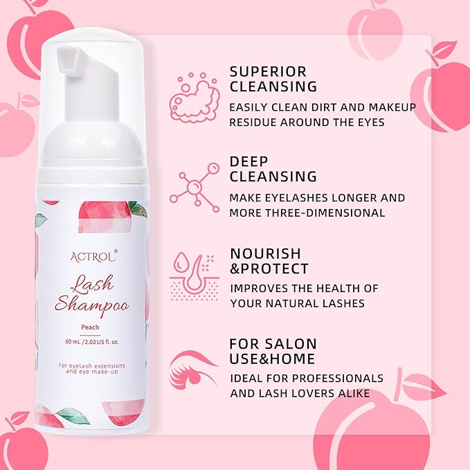 Eyelash Extension Cleanser 60ML Natural Lash Extension Shampoo Peach Professional Eyelid Foaming Cleanser Paraben & Sulfate Free Non-lrritating with Salon and Home Care