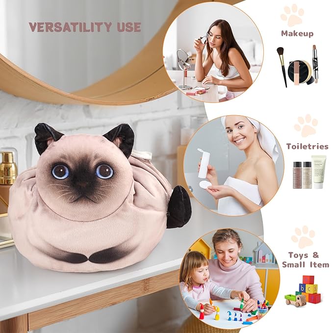 Drawstring Makeup Bag, Cat Makeup Bag, Travel Makeup Organizer, Cosmetic Pouch Bag, Cat Gift for Women, Lay Flat Makeup Bag Gifts for Cat Lovers