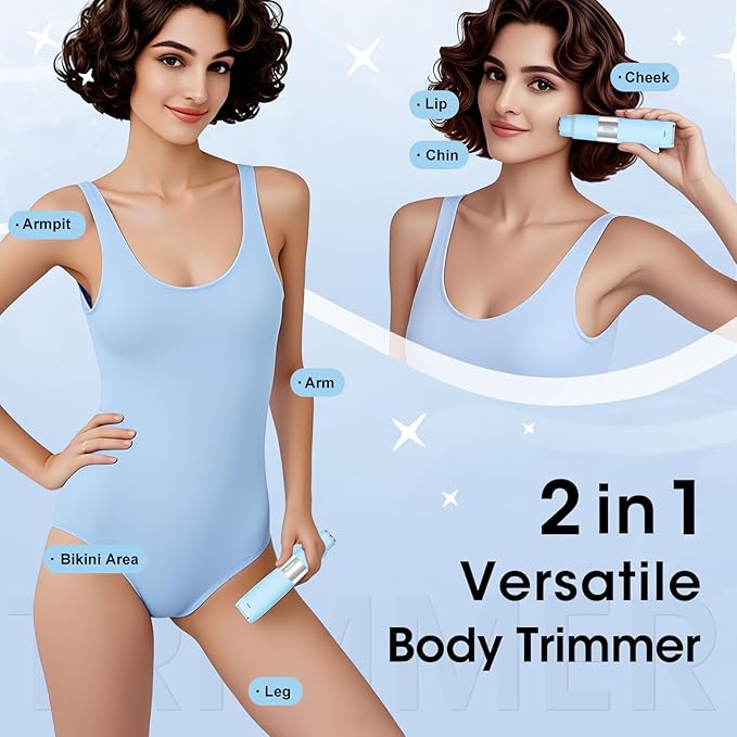 Dual Head Electric Shaver Bikini Trimmer for Women, IPX4 Waterproof Wet & Dry Use Body Trimmer for Face Lip Chin Pubic Underarm Legs, 80Mins Runtime, Travel-Friendly, Ideal Gift for Women