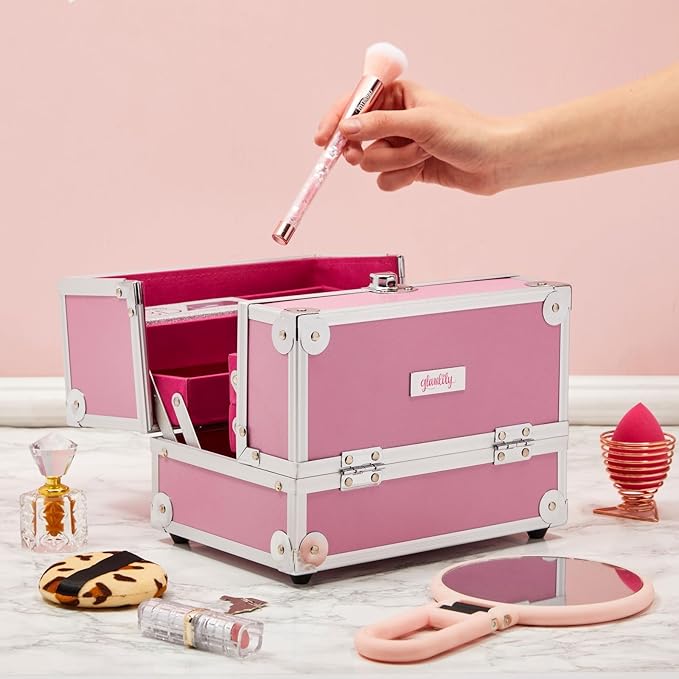Pink Makeup Train Case with Lock and 2 Keys, 3-Tier Cosmetic Storage Box