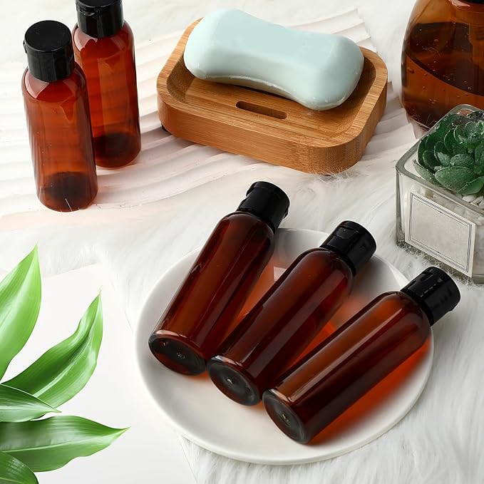 Zhehao 200 Pcs 2 oz Clear Plastic Empty Bottles Small Travel Size Bottles with Flip Cap Empty Transparent Dispenser Container for Liquids Toiletries Shampoo Lotion (Black Cap, Brown Bottles)