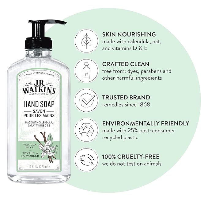 J.R. Watkins Gel Hand Soap, Scented Liquid Hand Wash for Bathroom or Kitchen, USA Made and Cruelty Free, 11 fl oz, Vanilla Mint, 6 Pack