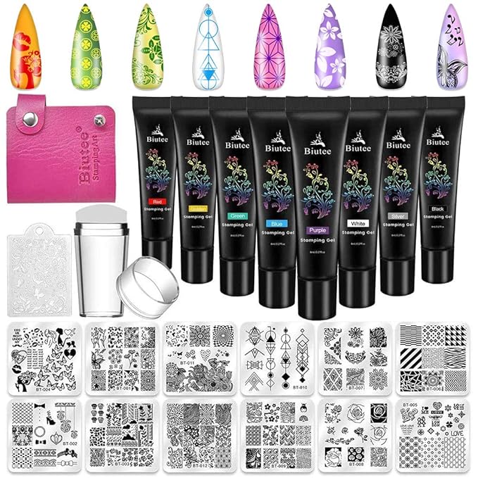 Biutee Nail Stamping Plates Set - 12pcs Templates, 8 Colors, Stamper, Scraper, Storage Bag - Animal & Flower Design Nail Art Plates