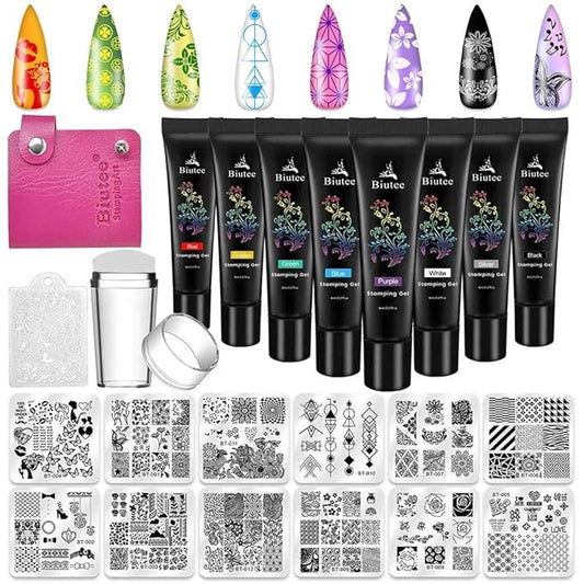 Biutee Nail Stamping Plates Set - 12pcs Templates, 8 Colors, Stamper, Scraper, Storage Bag - Animal & Flower Design Nail Art Plates