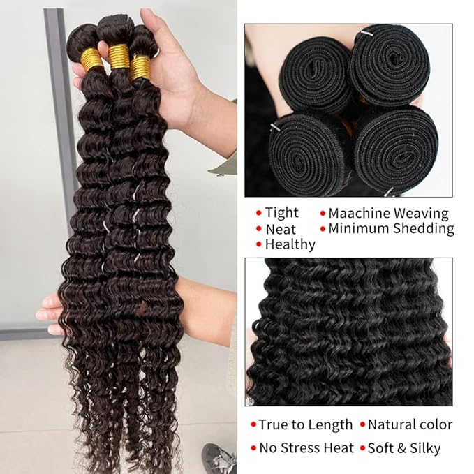 Deep Wave Human Hair Bundle Brazilian Virgin Hair 30 inch Deep Wave 1 Bundle 100% Unprocessed Natural Black Color Double Weft for Black Women