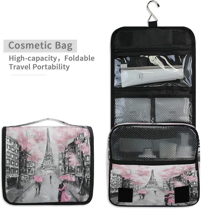 Hanging Toiletry Bag Eiffel Tower Paris Lovers Street Portable Travel Cosmetic Makeup Bag Bathroom Shower Shaving Kit Organizer Bag for Men Women