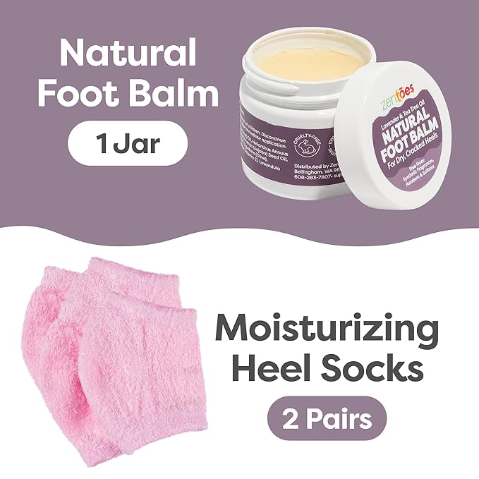 ZenToes Moisturizing Heel Socks with Natural Hydrating Foot Balm Bundle - Home Pedicure Gift Set - Fuzzy Pink Kit