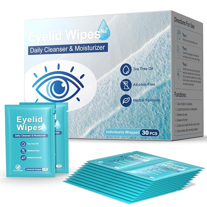 30PCS Tea Tree Oil Eyelid Cleansing Wipes,For Dry Eyes Daily Eye Care&Makeup Remover with Physiological Saline Removing Oil and Debris from Eyelids, Rinse Free Individually Wrapped Travel Eye Wipes ﻿