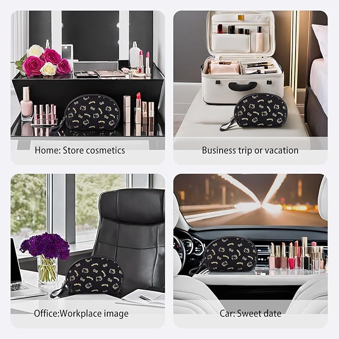 AmBealla Small Cosmetic Bag Portable Storage Bag for Women,Cute Compact Makeup Bag for Keys and Phone, Black Hot Stamping Pattern Cotton Organizer with Wristband,Portable Mini Bag for girls