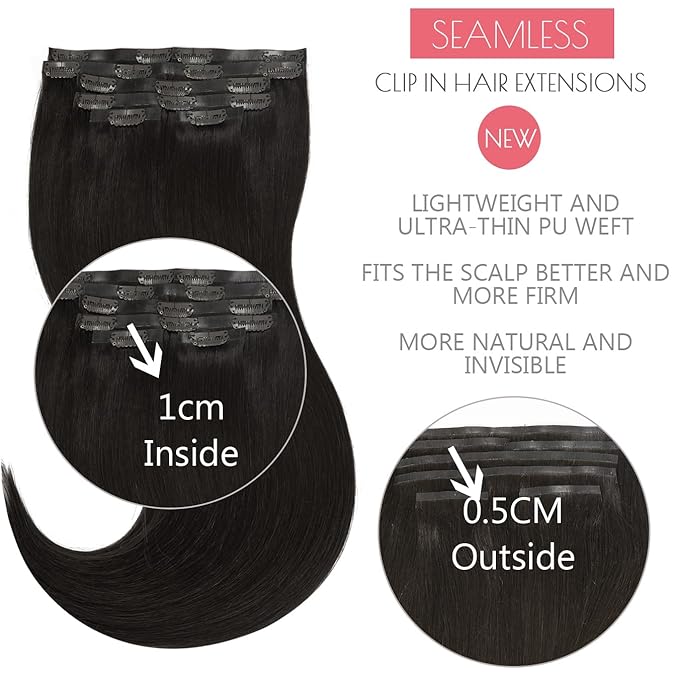 Loxxy Seamless Hair Extensions Clip in Human Hair For Women Ultra-Invisible PU Weft Clip On Hair Extensions Natural Black #1B Color 14inch 7 Pieces Thick Seamless Clip in Hair 110gram